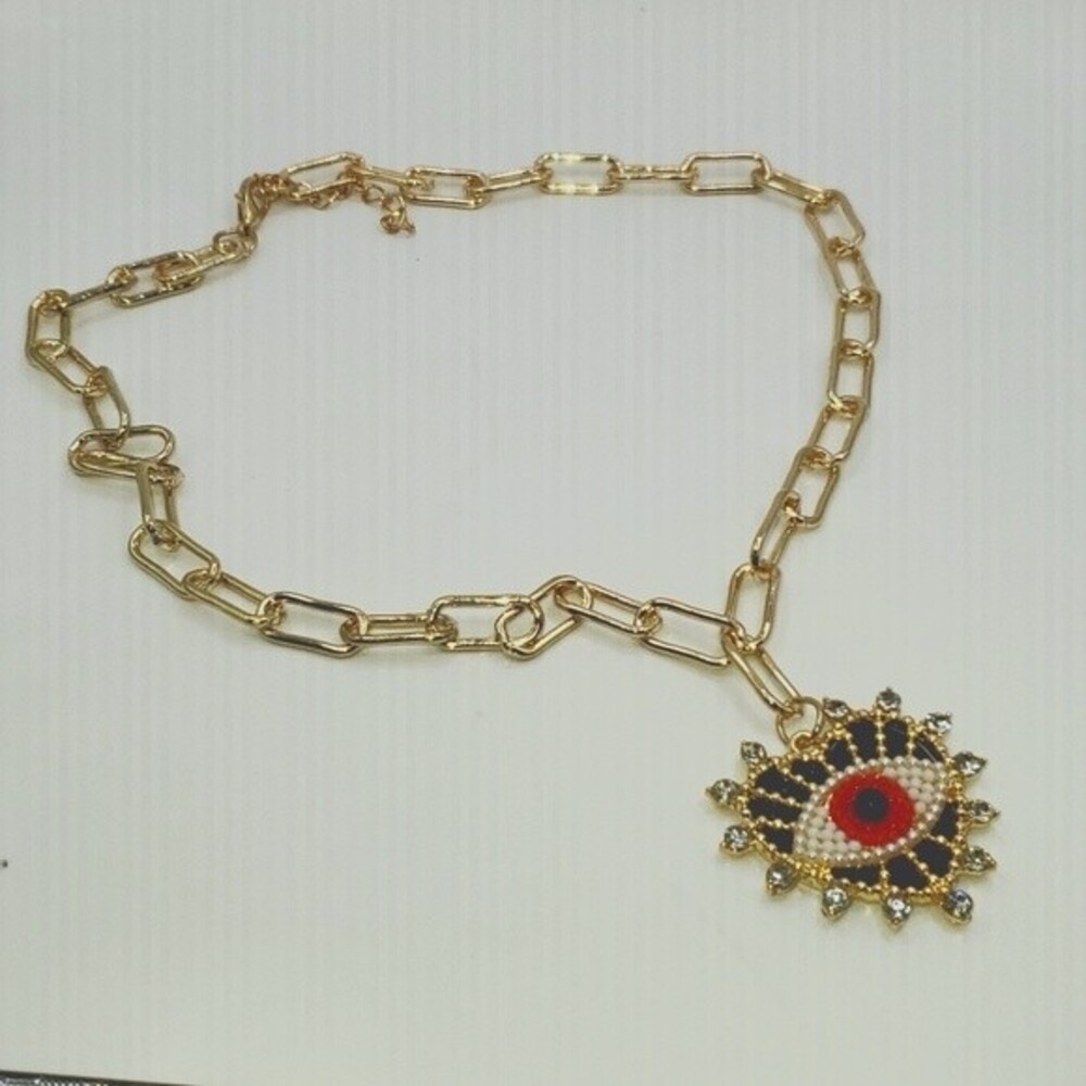 Rhinestone Accent Beaded Gold Eye Necklace Boho Hippie Goth Whimsigoth Gift